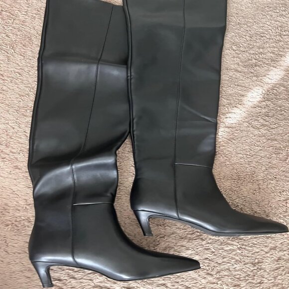 🆕Women Black-wide Calf Polyurethane Over the Knee Pointed Toe Block Heel Boot - Picture 1 of 10